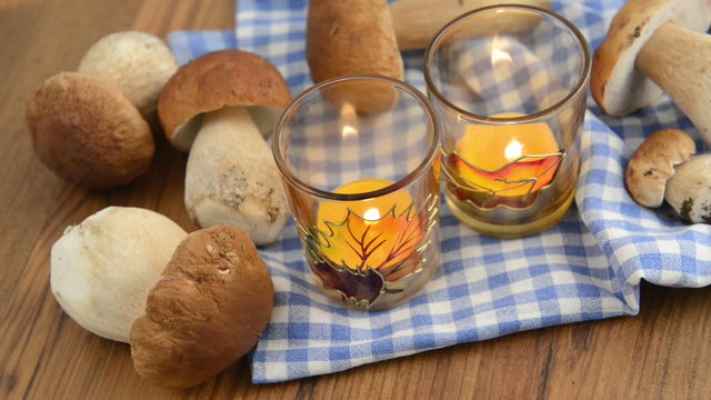 penny bun mushrooms and burning tea light candles.