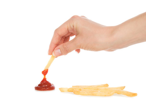 Hand Dip French Fries Chips Into Ketchup