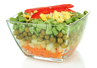 Tasty salad with fresh vegetables, isolated on white