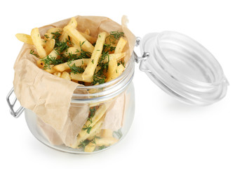 French fries in bank isolated on white