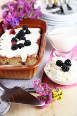 Cheese casserole with raisins in pan