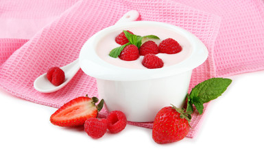 Delicious yogurt with berries isolated on white