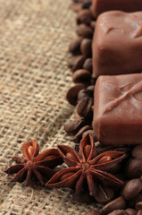 Delicious chocolate bars with coffee beans