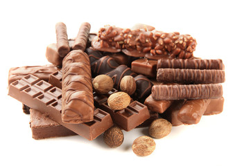 Delicious chocolate bars with nuts isolated on white