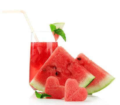 Fresh watermelon and glass of watermelon juice isolated on