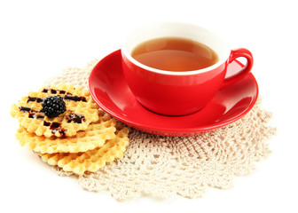 Cup of tea with cookies and blackberry isolated on white