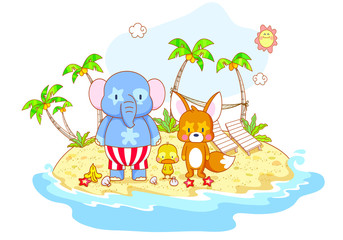 cartoon animals elephant and cat playing on the beach