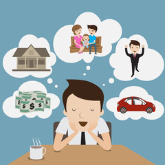 Businessman dream at coffee break. Cartoon Vector.