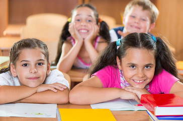 Fototapeta na wymiar Happy schoolchildren during lesson in classroom