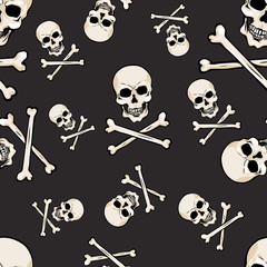 vector seamless pattern with skulls and bones on dark background