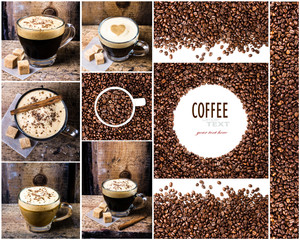 Coffee collage with Coffee espresso, cappuccino, latte, mocha an