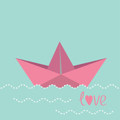 Fototapeta na wymiar Origami paper boat and waves. Love card.