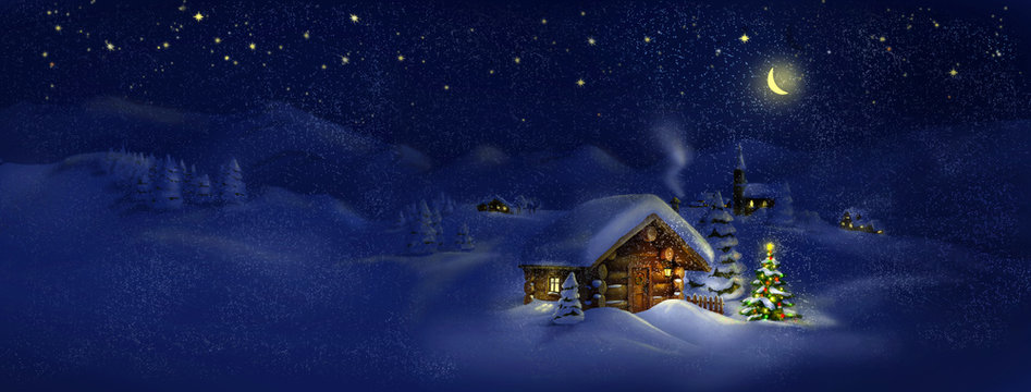 Hut, Christmas tree with lights, panorama landscape