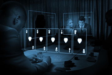 Room of people gambling on table in blue light with holographic
