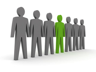 Unique person in row. Concept 3D illustration