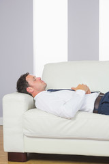 Fototapeta na wymiar Peaceful handsome businessman lying on couch