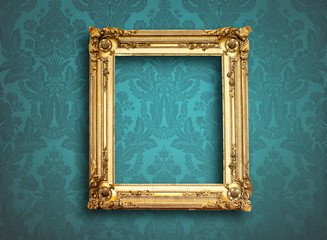 picture empty frame on blue vintage wallpaper