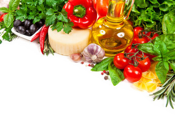 Italian cuisine. Vegetables, oil, spices and pasta