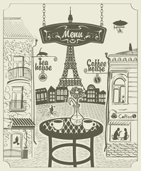 Cercles muraux Café de rue dessiné Restaurant de rue parisien avec vue sur la Tour Eiffel
