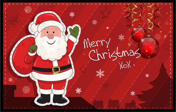 Red horizontal Christmas card with Santa Claus