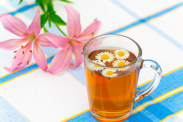 Herbal chamomile tea in a glass cup