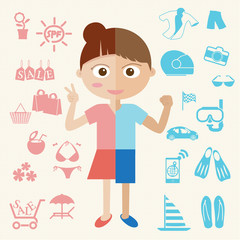 Girl and Boy half body with object icon. Vector