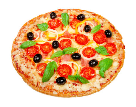 Delicious fresh pizza with ham and cherry tomatoes on a white ba