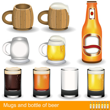 mugs, glasses and a bottle of beer