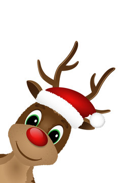 Reindeer with red nose and Santa hat. Vector illustration.