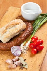 Ingredients tasty homemade breakfast on a pad of cork.