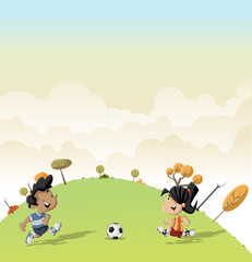 Obraz na płótnie Canvas boy and girl playing football / soccer on green park