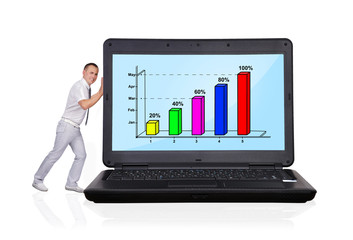 man pushing big laptop