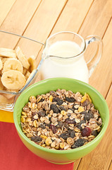 Delicious and healthy cereal in bowl with milk