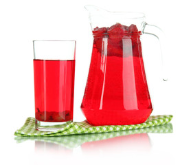 Pitcher and glass of compote on napkin isolated on white