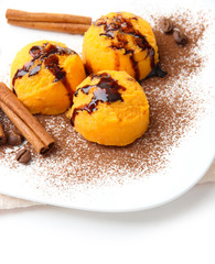 Delicious ice cream on plate close-up