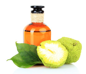 Osage Orange fruits (Maclura pomifera) and medicine bottle,
