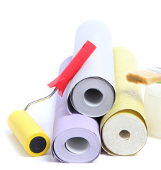 Wallpaper and accessories for glue wallpaper, isolated on white