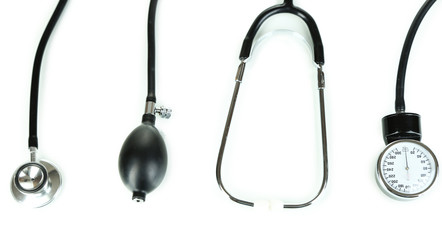 Tonometer and stethoscope isolated on white