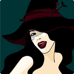 Stylish witch in a hat with a veil