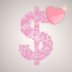 Illustration of a soft Dollar symbol made of many hearts