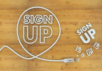 3d graphic of a wooden sign up symbol formed by an cable