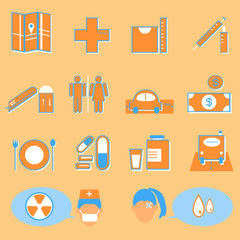 Hospital and medical color icons on orange background