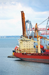Bulk cargo ship under port crane bridge, Odessa, Ukraine