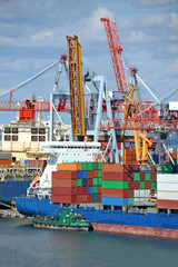 Container stack and cargo ship under crane bridge