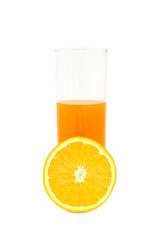 Glass with juice and orange isolated on white