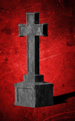 Cross tombstone on bright red grunge background