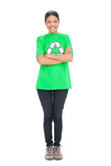 Fototapeta premium Happy black haired model wearing recycling tshirt