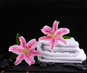 Lily pink flower on towel on pebbles
