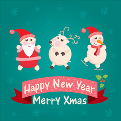 greeting card with Santa Claus, snowman and reindeer