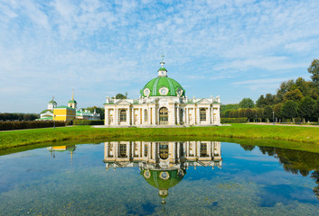 The Grotto Pavilion with reflection in water in park Kuskovo, Mo